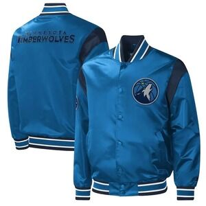 Starter Minnesota Timberwolves Satin Bomber Jacket Men's L Blue Spell Out